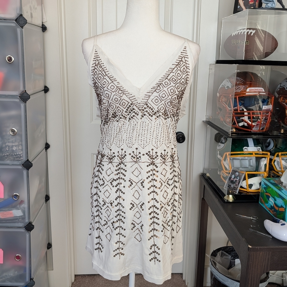 Free People Ivory White Arizona Nights Geometric Sequin Slip Dress NWT Large - Picture 4 of 10